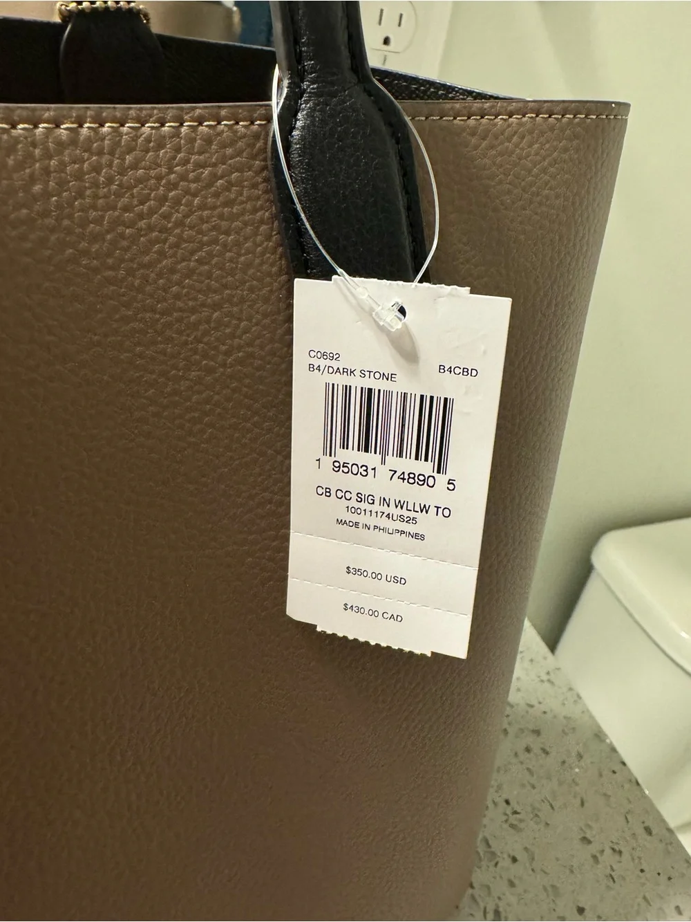 Coach Two-Tone Pebbled Leather Tote Bag in Taupe and Black - Picture 8 of 8
